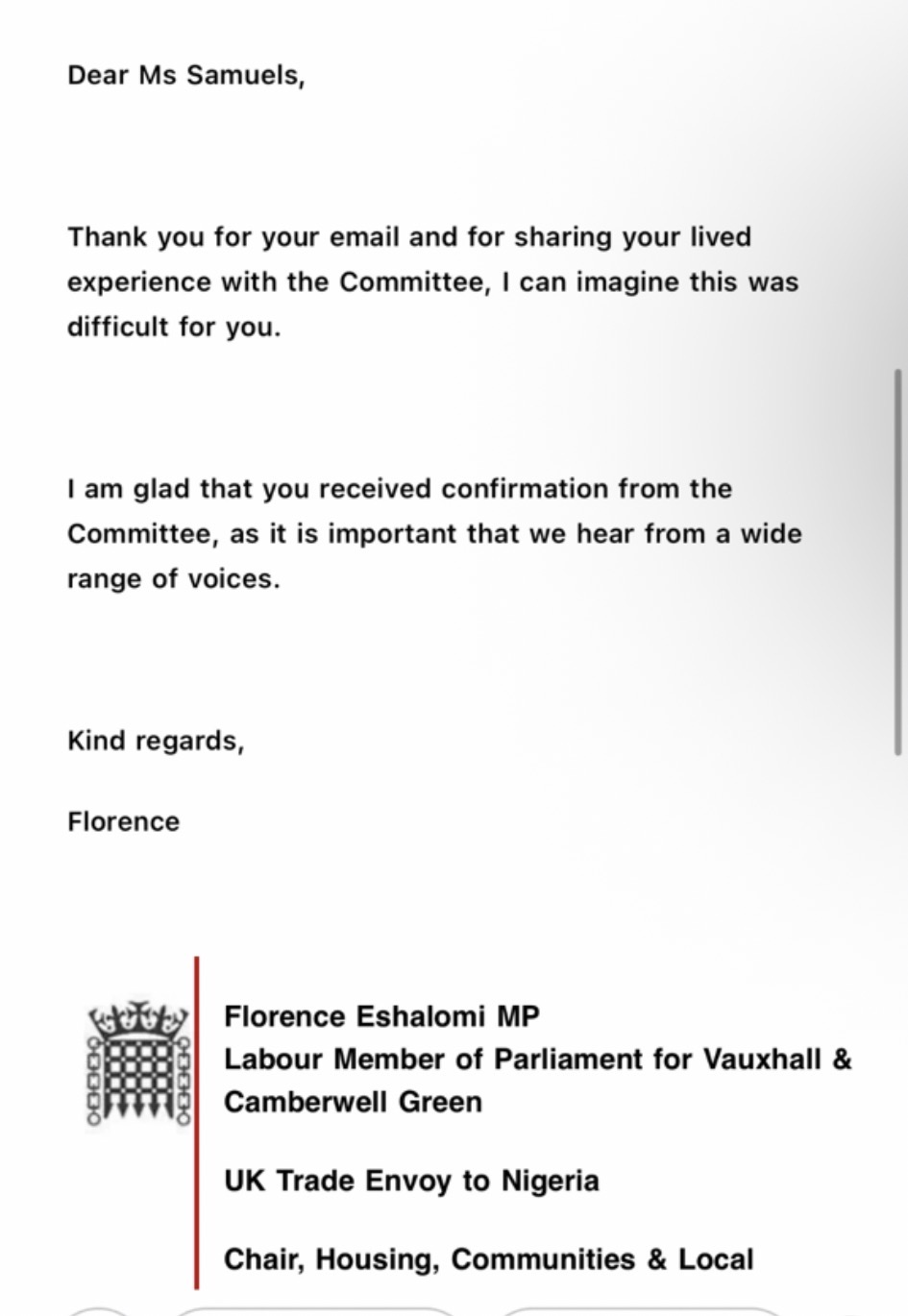 Florence Eshalomi MP correspondence